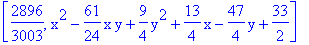 [2896/3003, x^2-61/24*x*y+9/4*y^2+13/4*x-47/4*y+33/2]